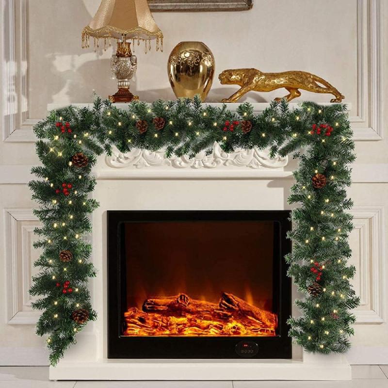 Garland 6ft Christmas Led Light Up Wreaths Red Berry Rattan Xmas Fireplace Decor