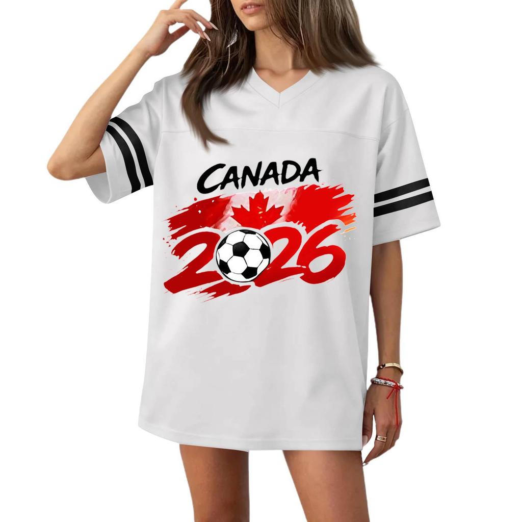Women V Neck Short Sleeve Casual Soccer Jersey Top Flag 2026 Print Loose Fit Sports T Shirt Blouse