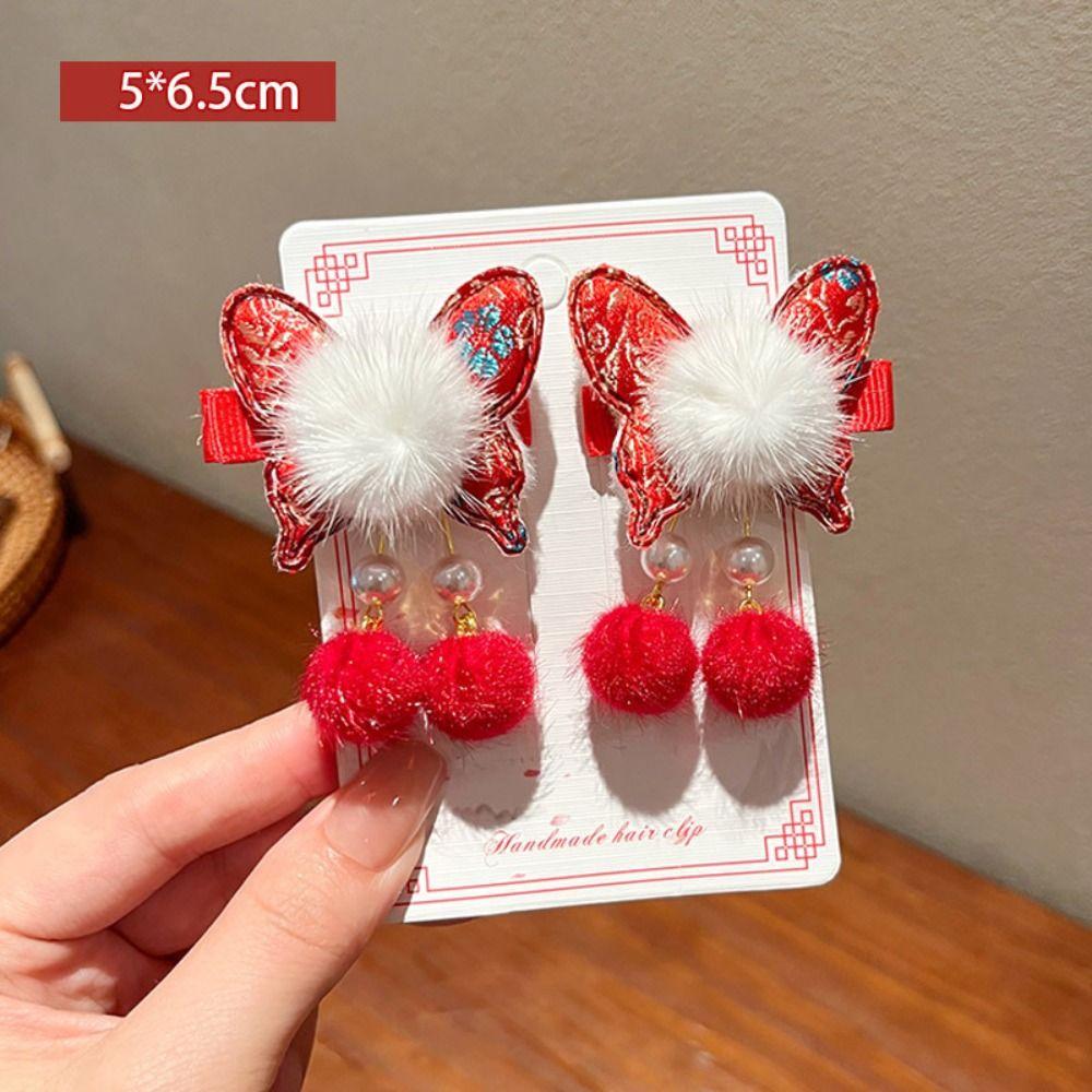 2pcs Chinese Style Children Red Hairclip Tassel Bow Wig Braid Hairpin Princess New Year Headwear