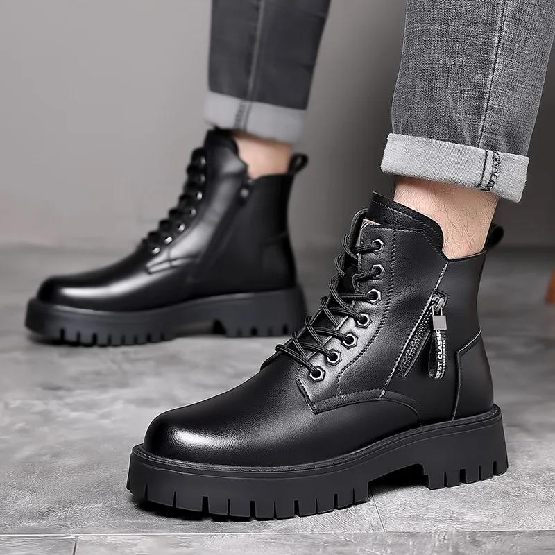 Men's high top winter plush warm cotton boots medium top leather shoes British style work clothes new snow short boots