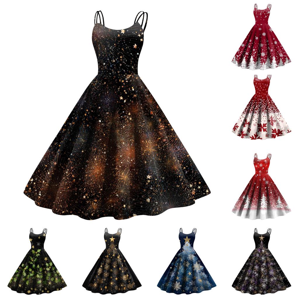 Women's Fashion Christmas Printed Sexy Strapless Gothic Cocktail Dress Punk, Vintage Dress.