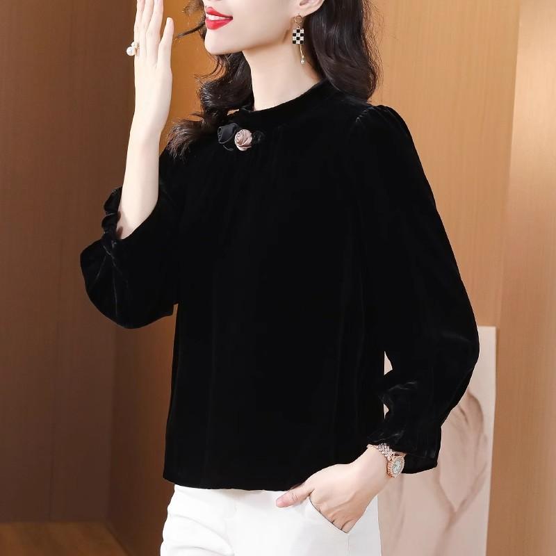 Dámský sametový top z hedvábí v podzimním novém stylu čínského střihu sametový s dlouhým rukávem temperamentní základní košile