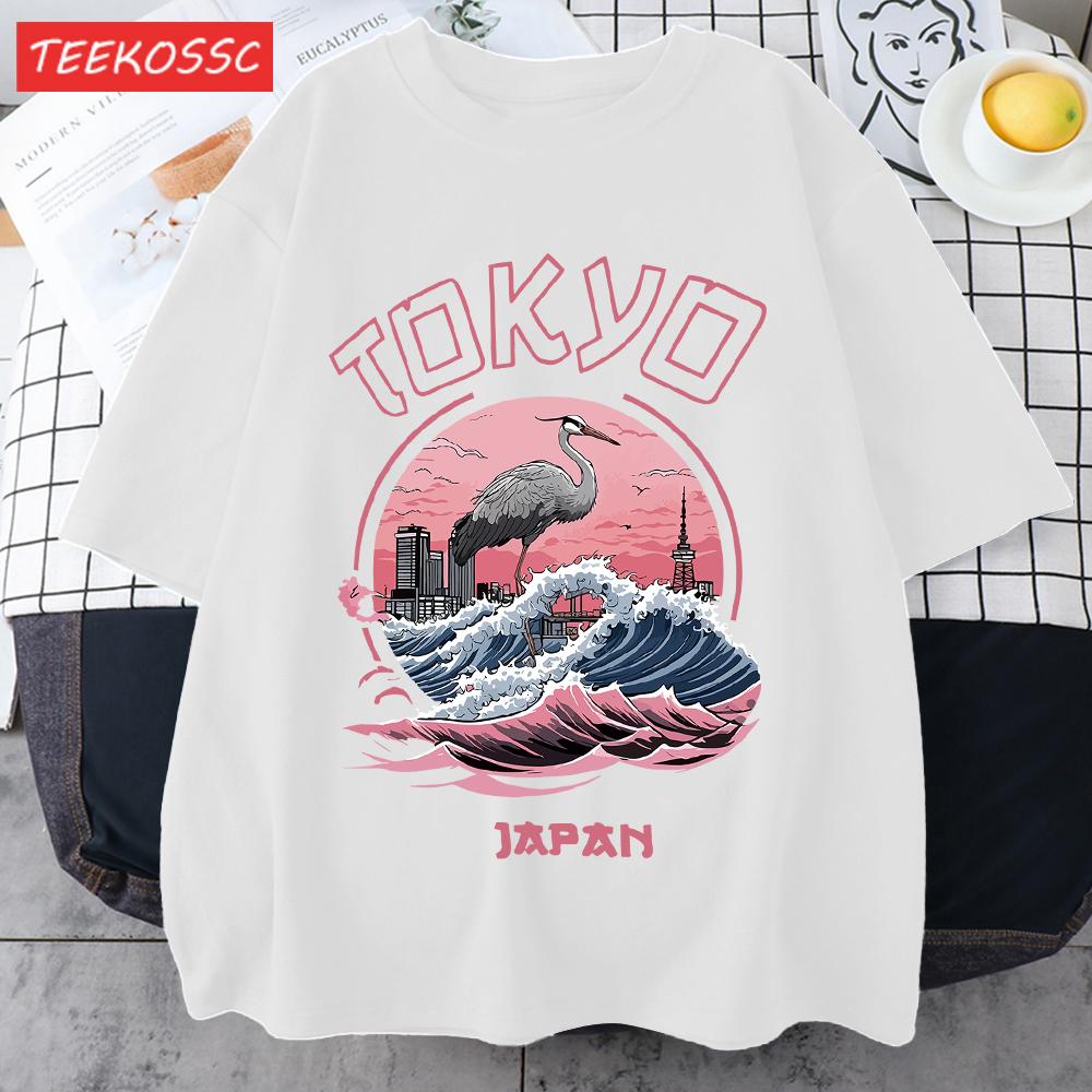 Tokyo Japan Harajuku Crane Waves Men TShirt AllMatch Casual Short Sleeve Cotton Summer Tee Male Hip Hop ONeck Streetwear