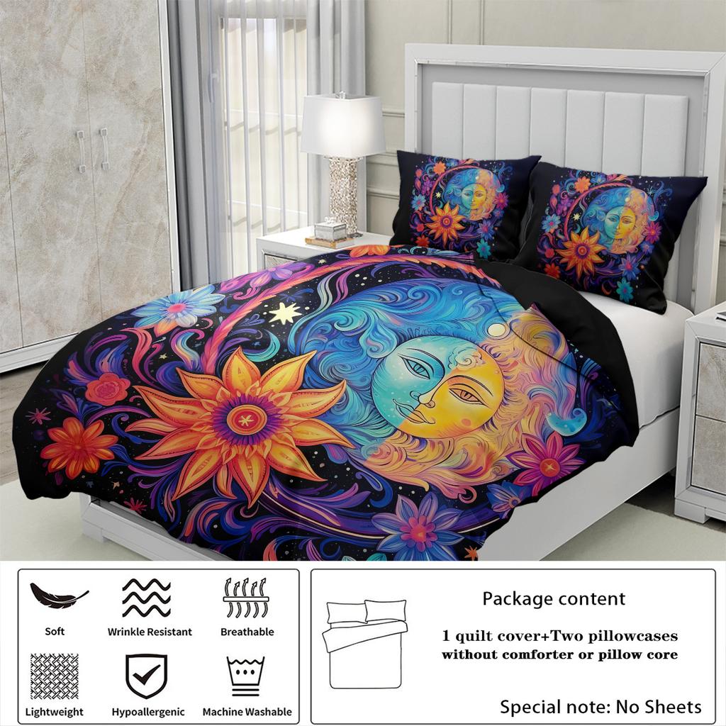 3pcs Sun and Moon Face Pattern Printed Bedding Set, 1*duvet Cover+2*pillowcase,for Teenagers and Adult Bedroom, Birthday Gift