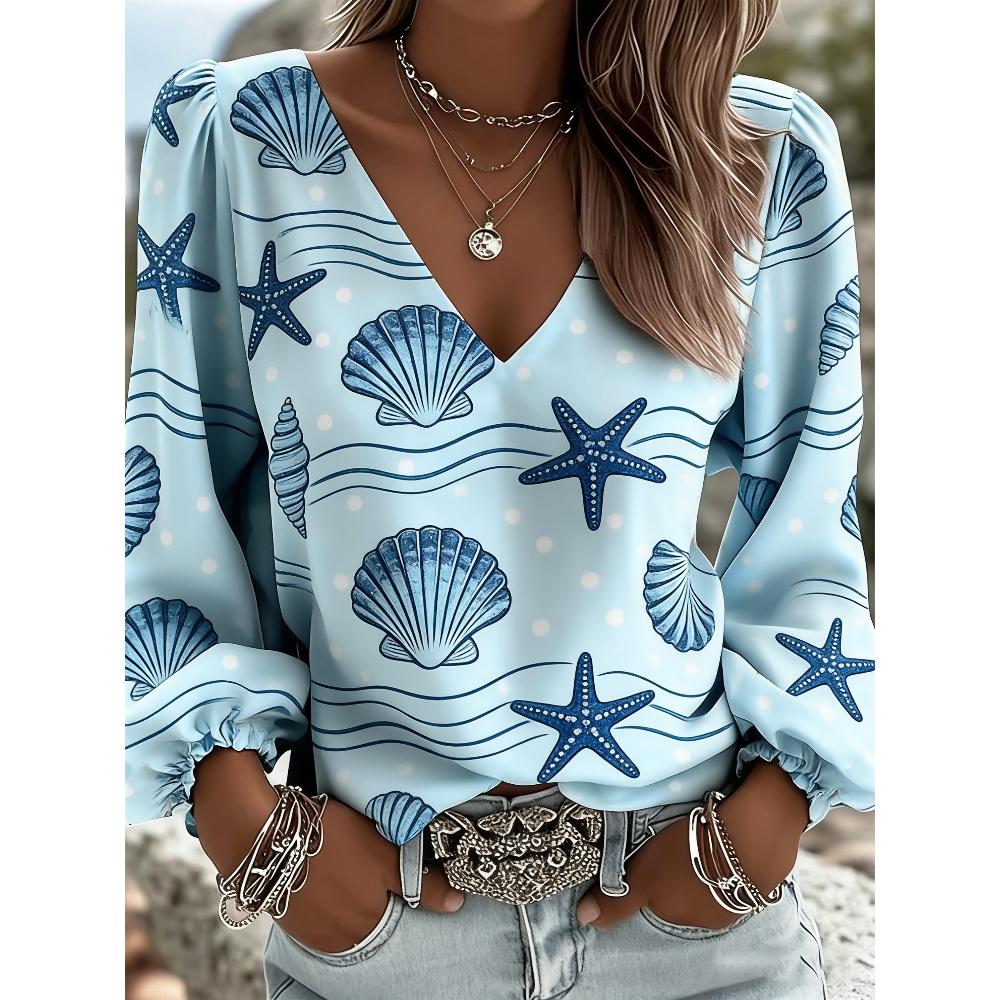 

Ladies new loose-fitting frilly sleeve printed shirt, stylish and versatile beachwear style long-sleeve, must-have outfit for daily outings S