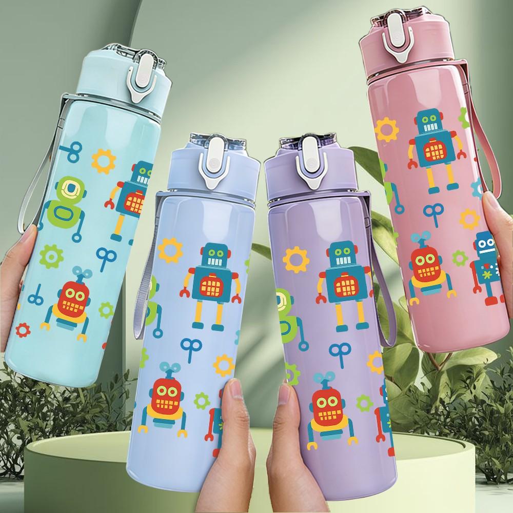 1PC Colorful Robot Repeat Pattern 750ml Color Plastic Sports Water Bottle Leakproof Flip Straw Lid Suitable for Sports Office Home Use