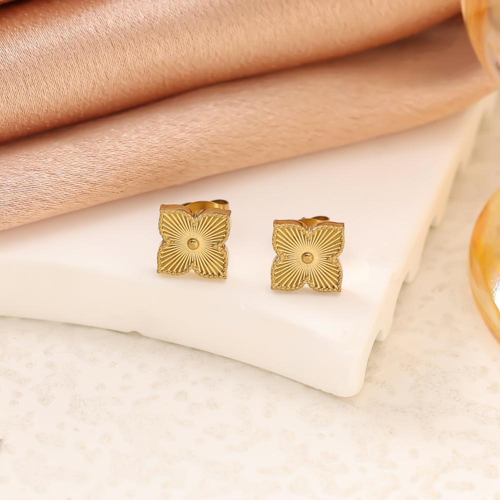 Elegant 18K Titanium Steel Jewelry Set: Laser Stripe Clover Bracelet, Necklace & Stud Earrings