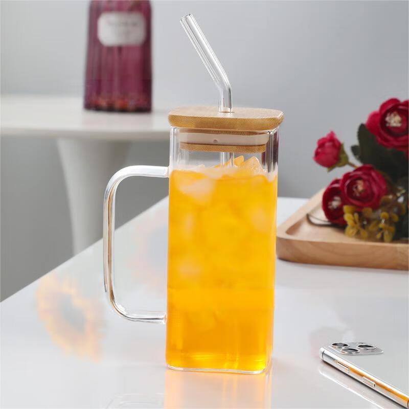 High Borosilicate Glass Square Mug with Green Handle, Straw & Bamboo Lid