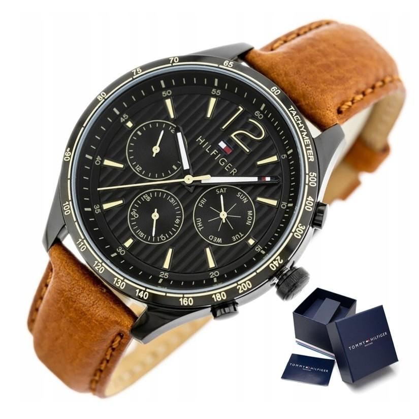 Tommy Hilfiger 1791470 Herrenuhr Braunes Armband Schwarzes Zifferblatt 44 mm + Box