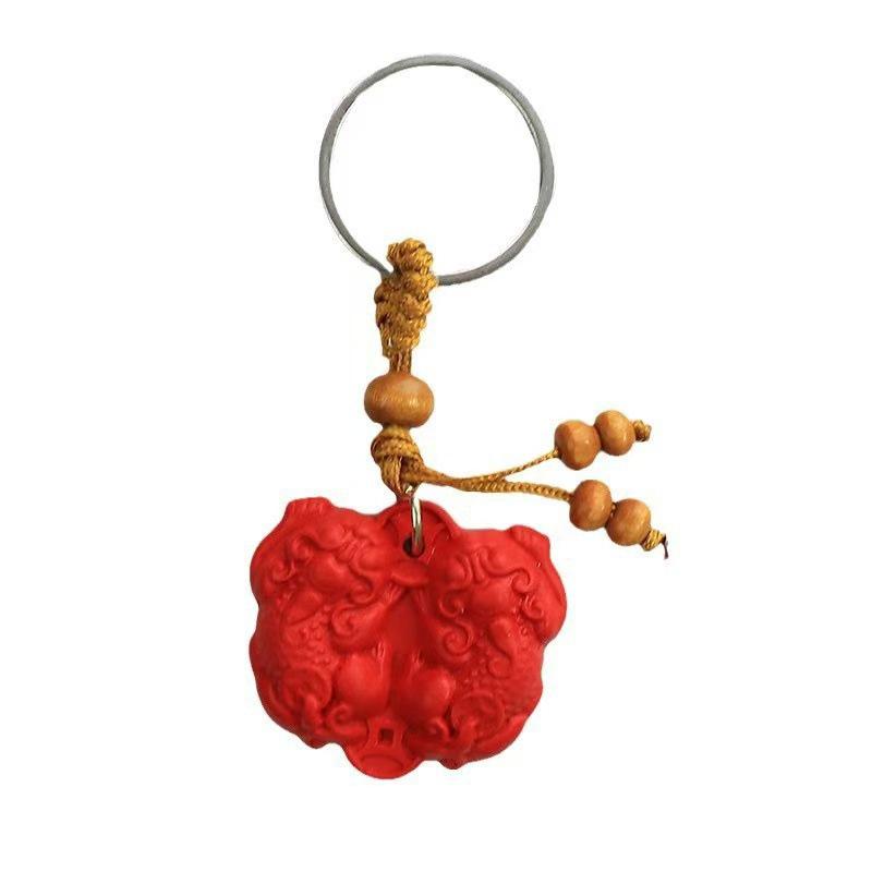 Cinnabar Double Pixiu Keychain & Pendant: Luck & Wealth Charm for Car or Phone.