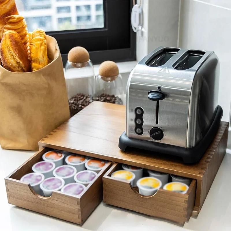 Coffee Pods Storage Drawer Holder Coffee Pod Organizer with 2 Drawers Retro Wooden Home Tabletop Storage Organization for Tea