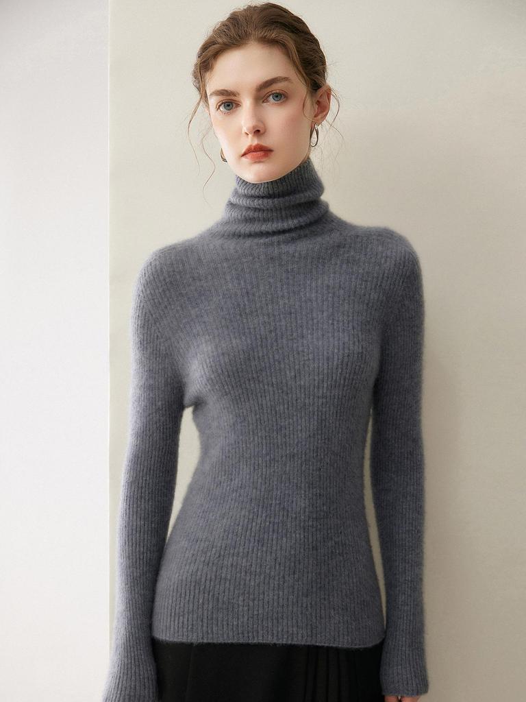 Women's Ribbed Slim Fit Cashmere Sweater - High-Neck, Versatile, 2026 Autumn/Winter Collection