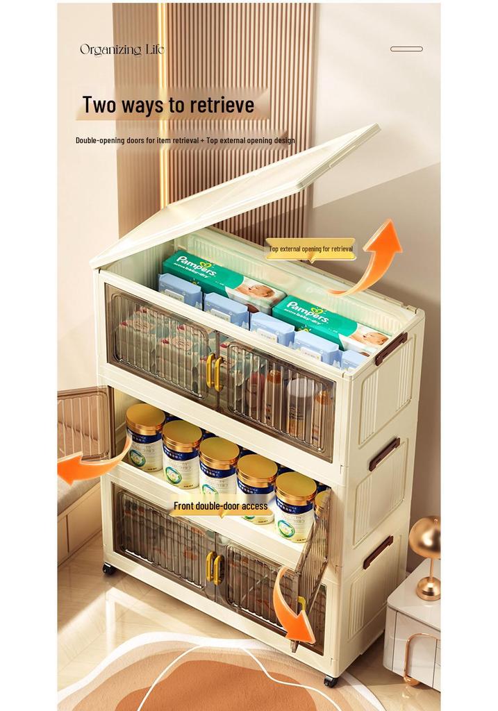 40-60cm Wide Transparent Foldable Double Door Floor Storage Cabinet with Multiple Layers