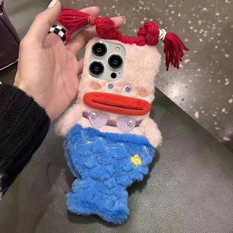 Husă de telefon moale tip scoică cu sirenă de pluș pentru iPhone 11, 12, 13, 14, 15, 16 - Design drăguț de desene animate pentru femei