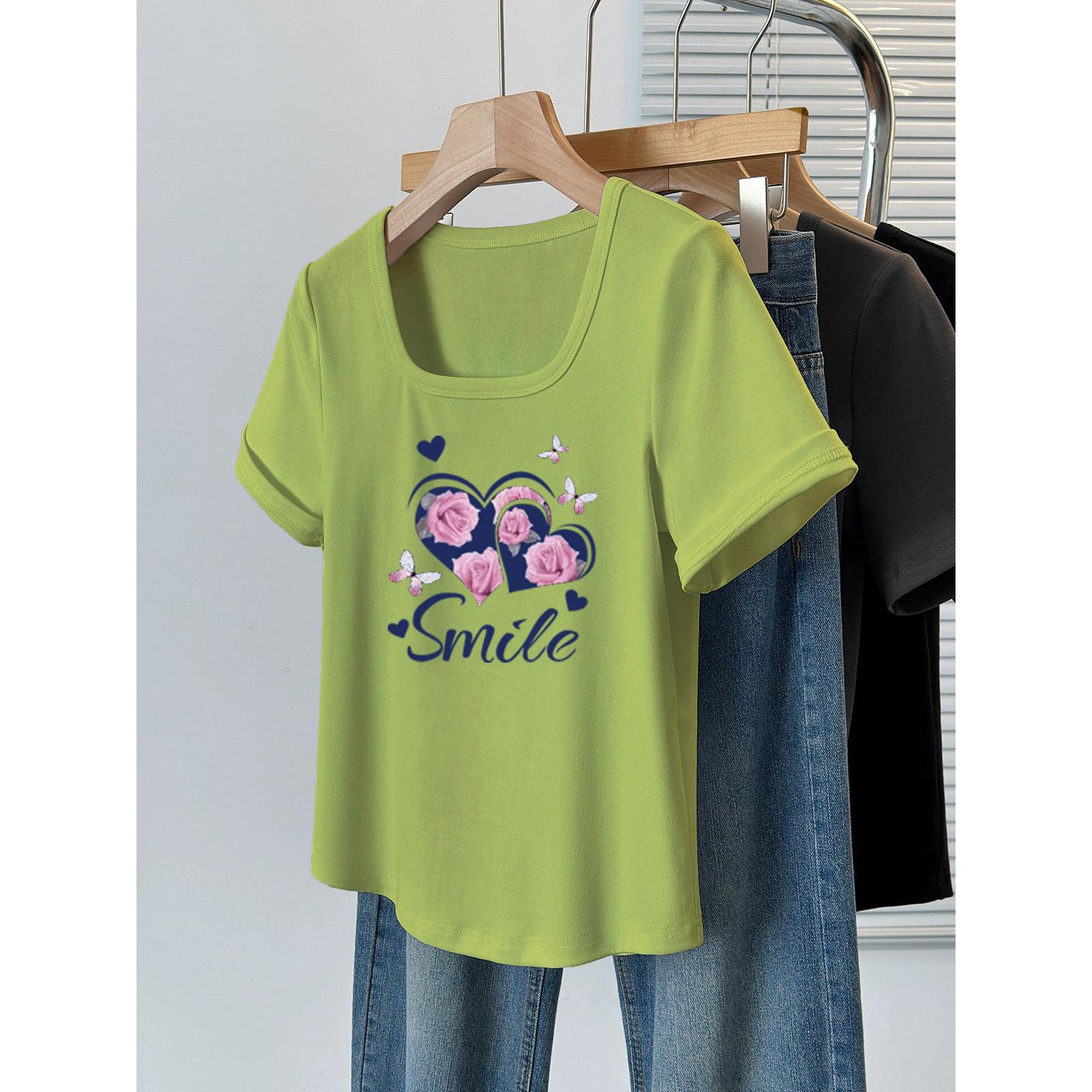 

Large size 2025 summer new loose belly covering square neck short sleeve T-shirt women s fat mm front shoulder thin foreign style top M [80-60kg]