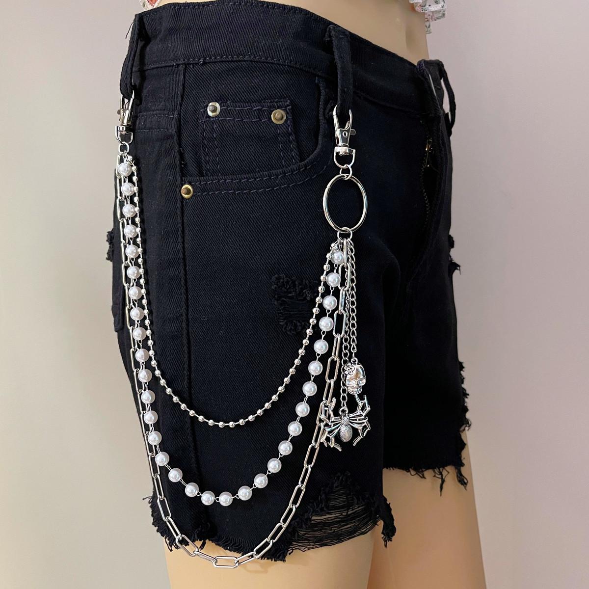 Retro Multi-layer Pearl & Metal Pants Chain with Spider Skull Pendant
