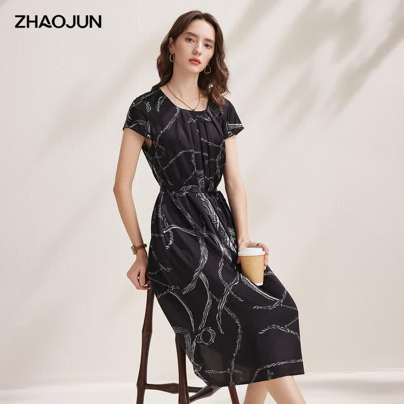 Zhaojun Mulberry Silk Color Block Print Pleated Short Sleeve Dress XL