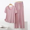 Set Pigiama Estivo da Donna in Modal - Manica Corta, Pantaloni Lunghi a Gamba Larga, Taglie Forti, Abbigliamento Casual e da Esterno
