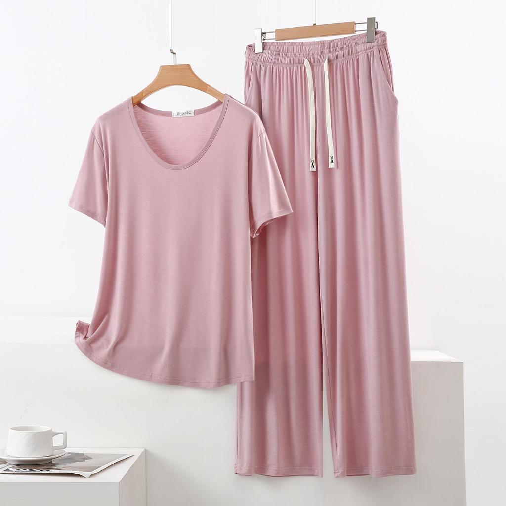 Set Pigiama Estivo da Donna in Modal - Manica Corta, Pantaloni Lunghi a Gamba Larga, Taglie Forti, Abbigliamento Casual e da Esterno
