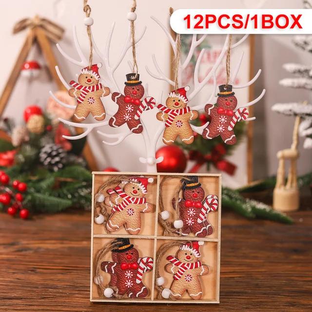 12Pcs Gingerbread Man Wooden Ornaments Xmas Tree Hanging Pendant Merry Christmas Decor for Home Party Navidad Gift New Year 2025