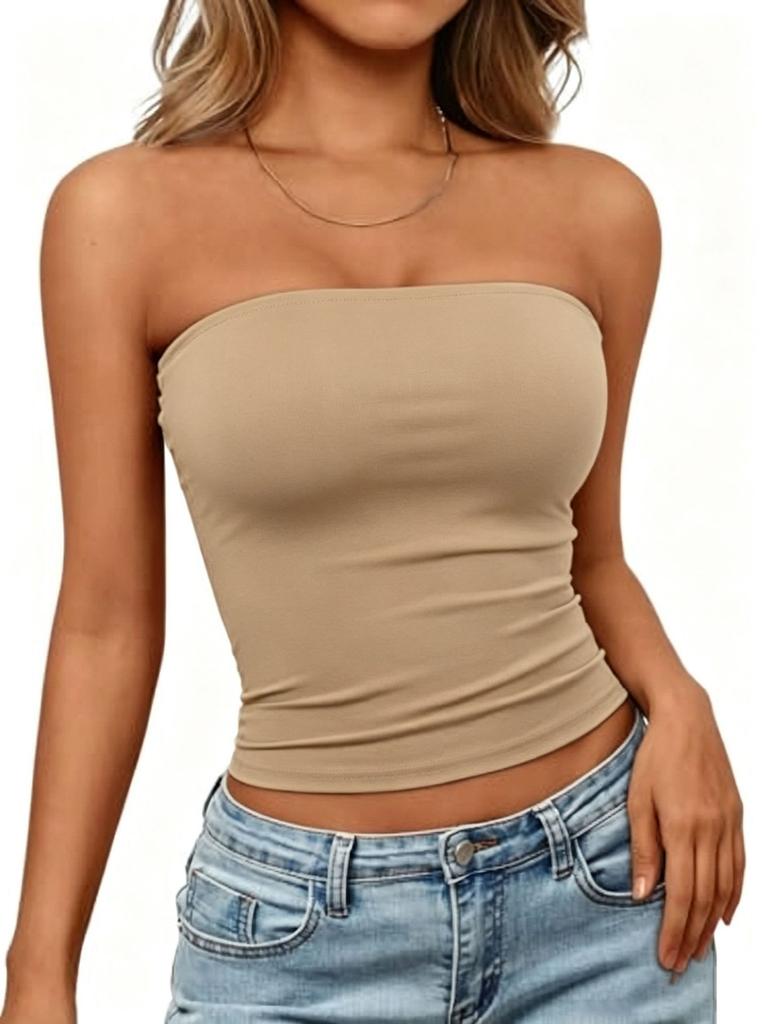Top a tubino senza maniche da donna, senza spalline, Streetwear, tinta unita, Bustier, vestibilità aderente, elasticizzato, estivo, casual, da indossare tutti i giorni, Canottiera