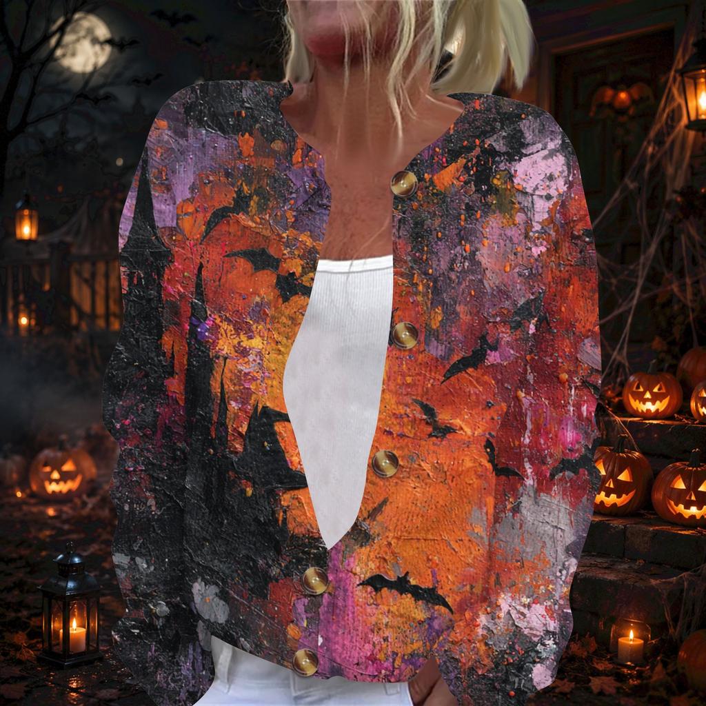 Cardigan da Donna con Stampa di Halloween - Cappotto in Maglia a Manica Lunga con Bottoni Frontali, Maglieria Leggera per Feste in Costume, Uso Quotidiano