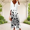 Women Plus Size V Neck Three Quarter Sleeve White Black Floral Printed Maxi Dress