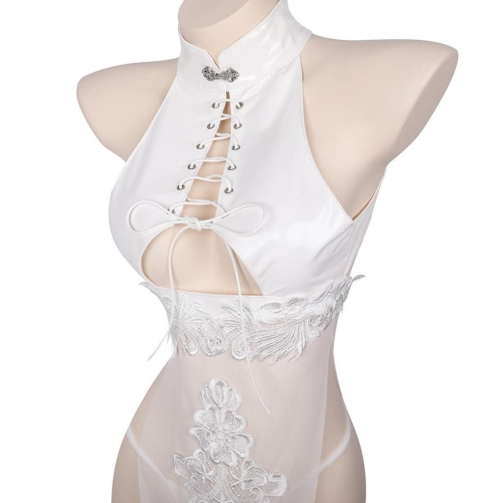 Cosplay Sexy Cheongsam Chinese Dress Lingerie Dress Leather Style PU Babydoll Chinese Dress Style See Through Bondage Bodycon Enamel PVC Queen Cute