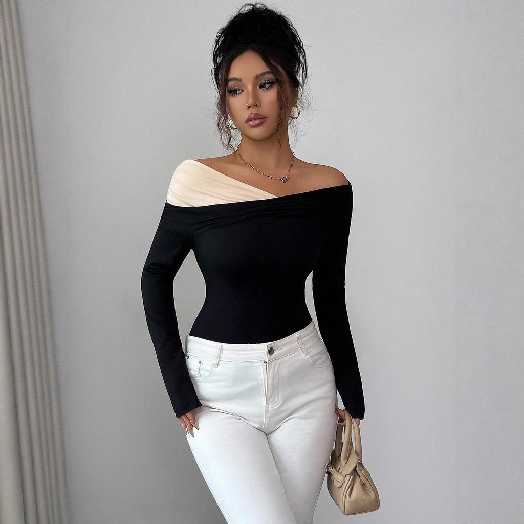 Autumn Winter Color Block Off Shoulder Irregular Ruffle Hem Slim Long Sleeve Top Fashion Daily Basic Office Lady Casual Slim Fit Ladies Elegant Top