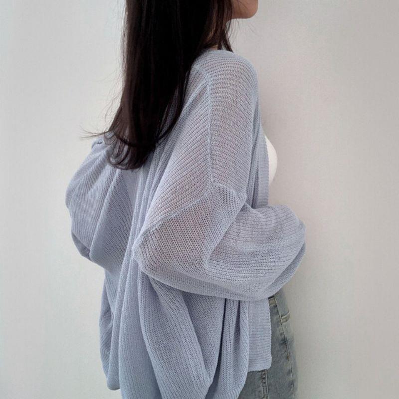Solid color lazy loose thin sweater, all-match summer sunscreen ice silk knitted cardigan women 67288