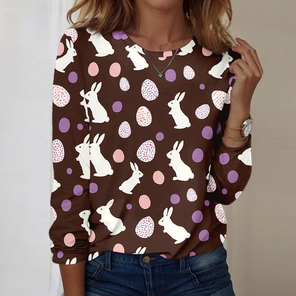 Top casual da donna a maniche lunghe con stampa pasquale e girocollo
