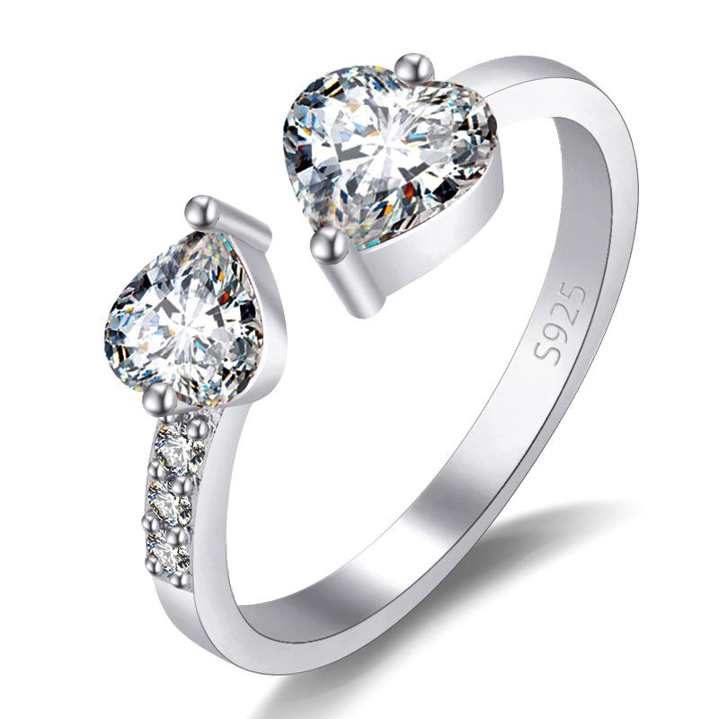 

Новое корейское роскошное кольцо с открытым дизайном и бриллиантами в виде двойного сердца для женщин Adjustable Opening платиновый