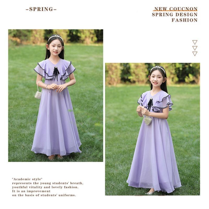 Girls Beach Summer Princess Dress Short Sleeve Solid Color