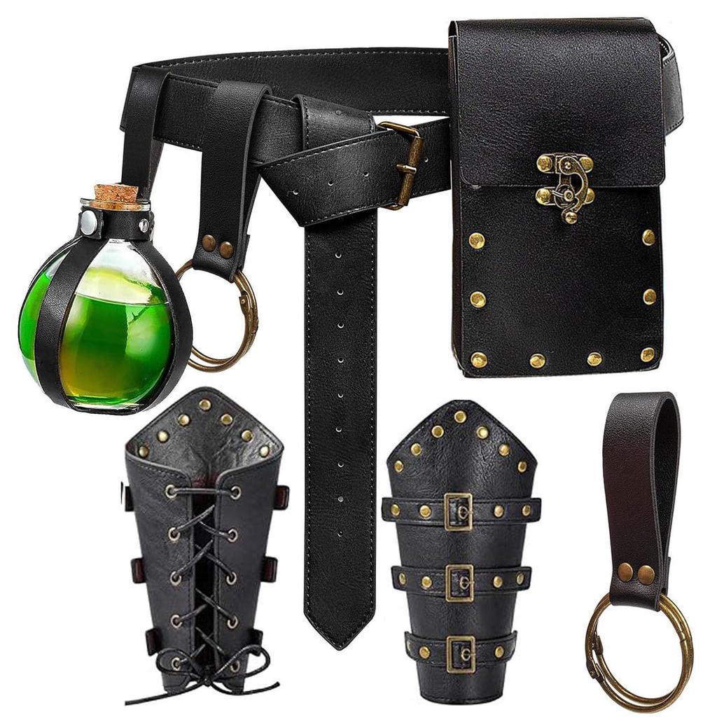 Medieval Leather Waistband Belt with Cord and Pouch
