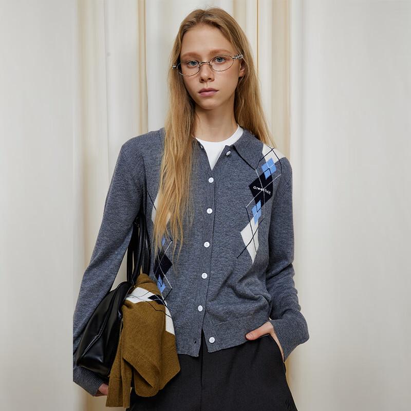 GREEN BELT Women's Retro Contrast Argyle Wool Blend Knit Cardigan