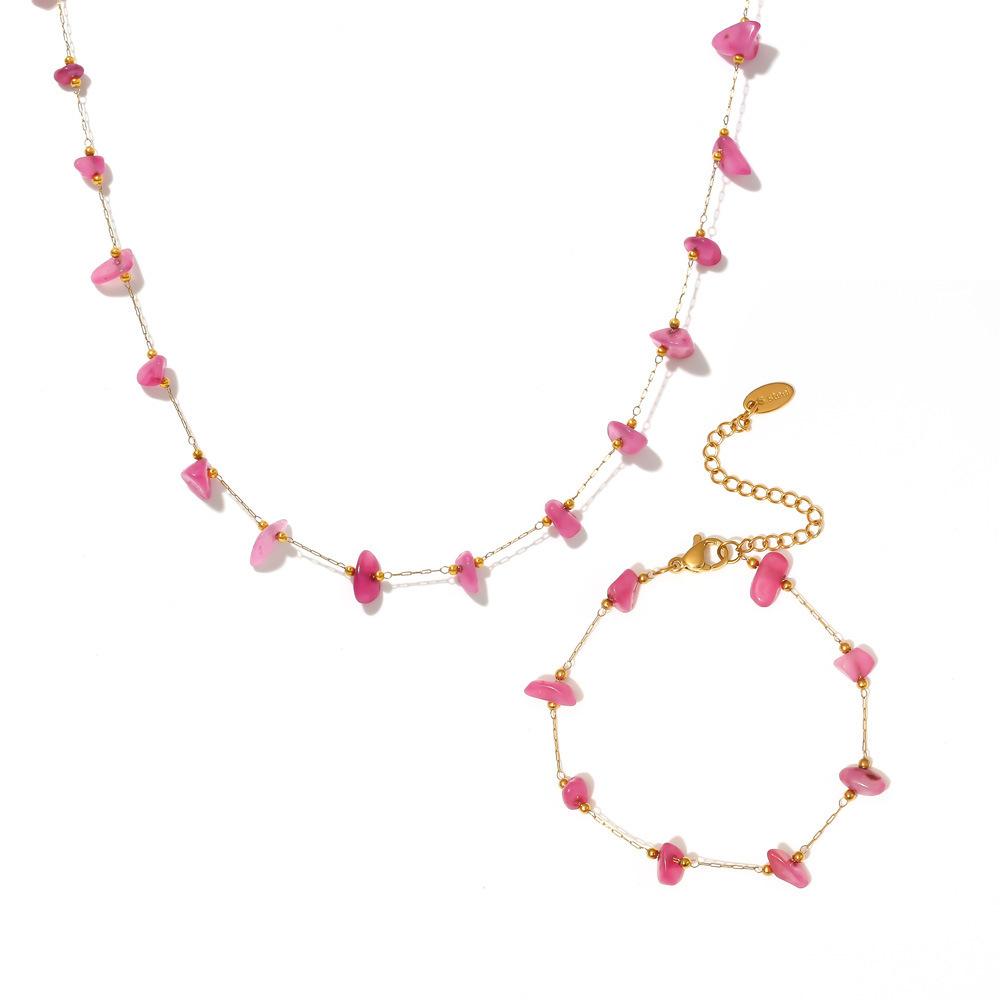 Handmade Bohemian Chic Jewelry Set Stainless Steel Necklace Bracelet Natural Pink Stone Luxury Boho Wedding/Party/Engagement