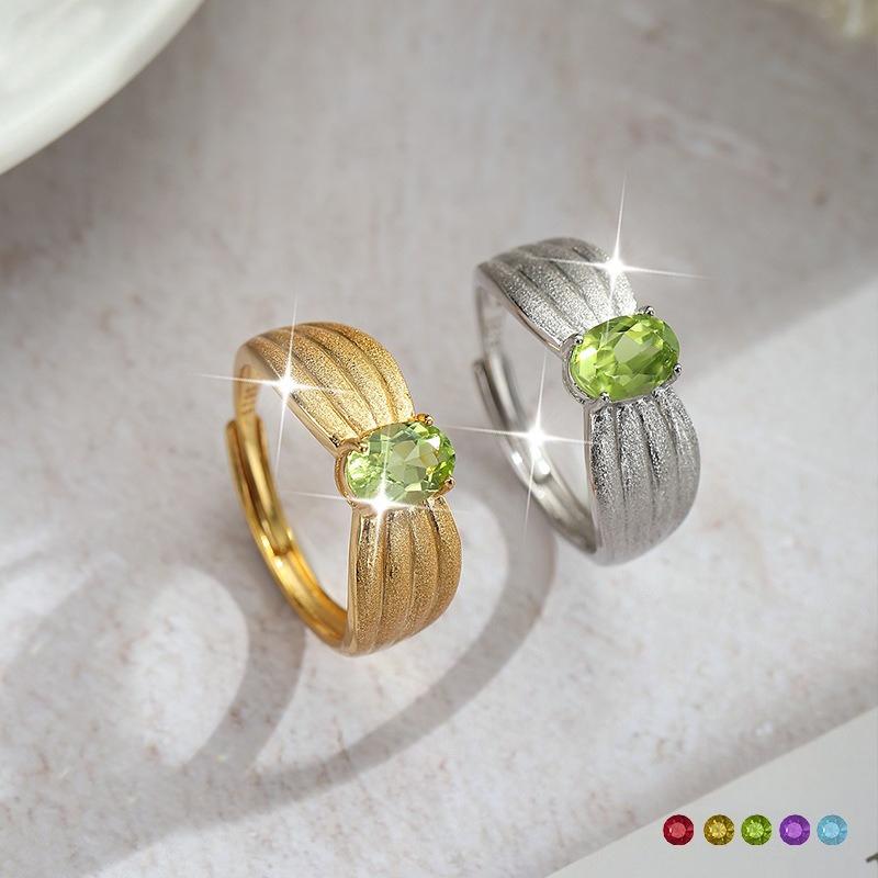 High-end Inlaid Natural Crystal Stone Jewelry Women's French Wire Drawing Process S925 Sterling Silver Niche Light Luxury Ring Women
