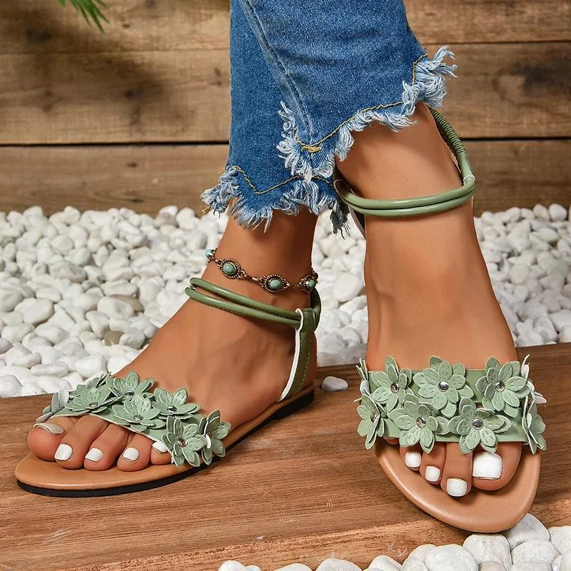 Sandalias Planas con Decoración de Flores para Mujer Verano 2026 Ligereza Comodidad Zapatos de Playa Mujer Moda Vestido Floral Blanco Sandalias