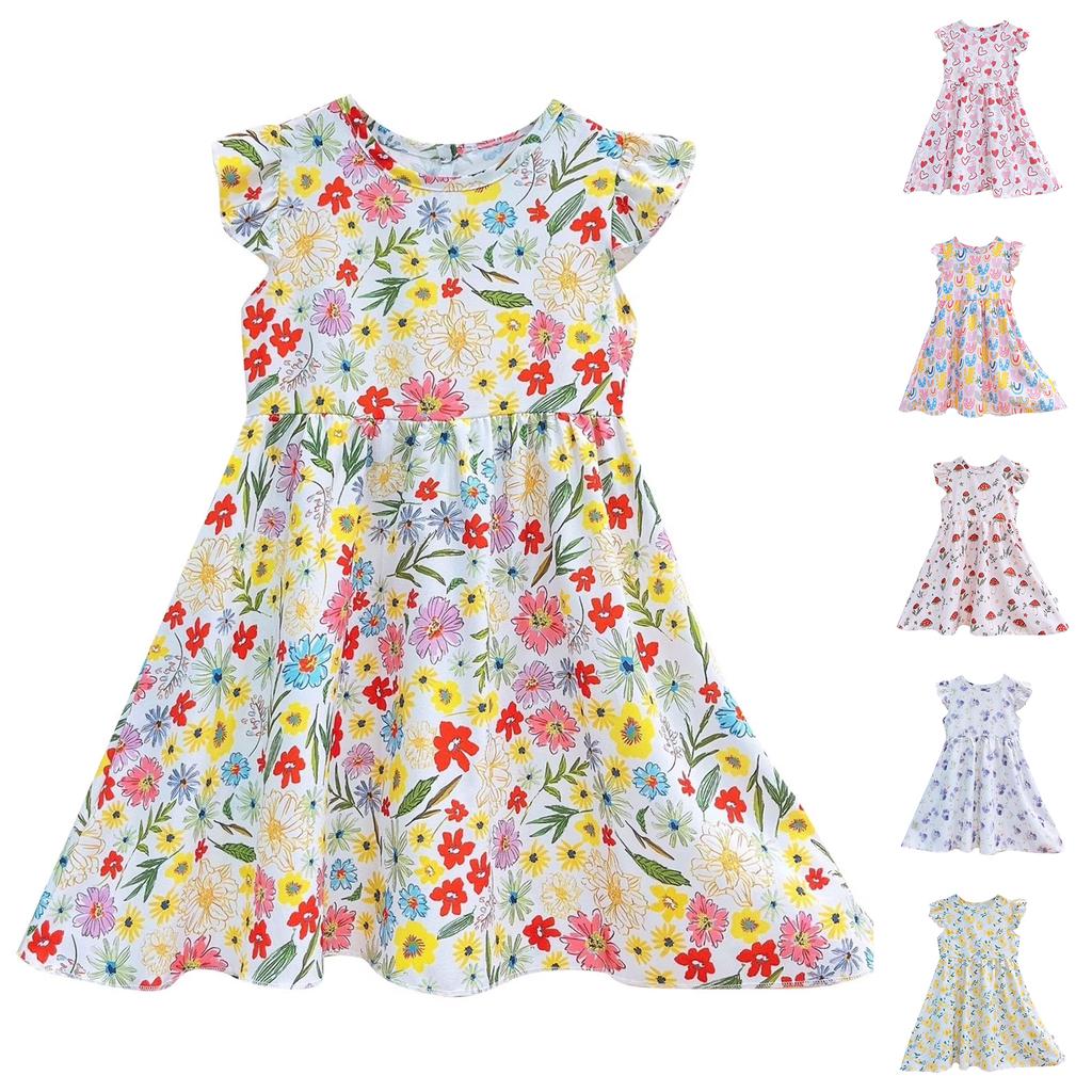 Toddler Girls Cap Sleeve Dress Floral Print Cotton Princess Dress Lightweight Soft Fabric Casual Summer Dress for Kids