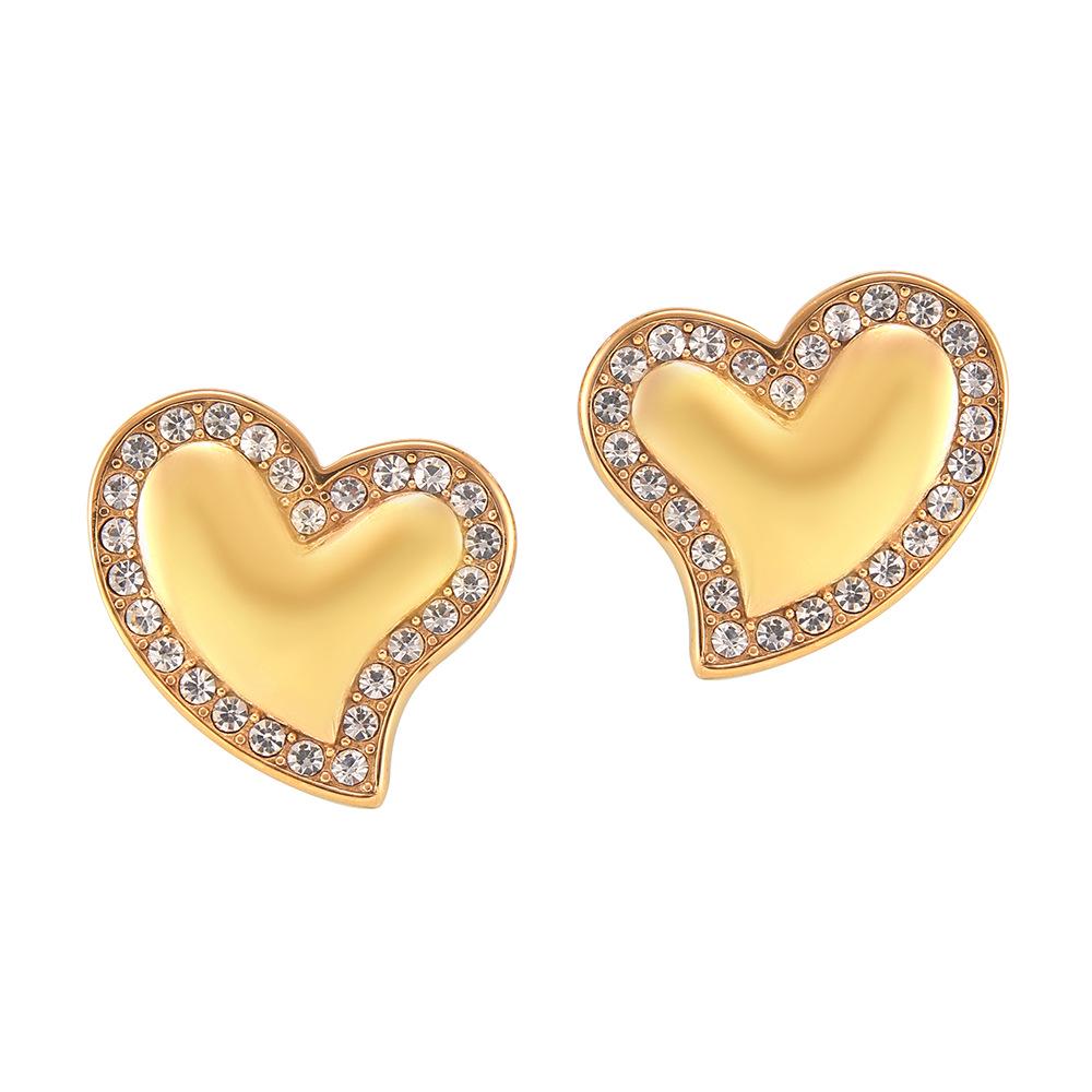 European & American Gold-Plated Titanium Heart Stud Earrings with Diamonds - Women's Fashion Jewelry
