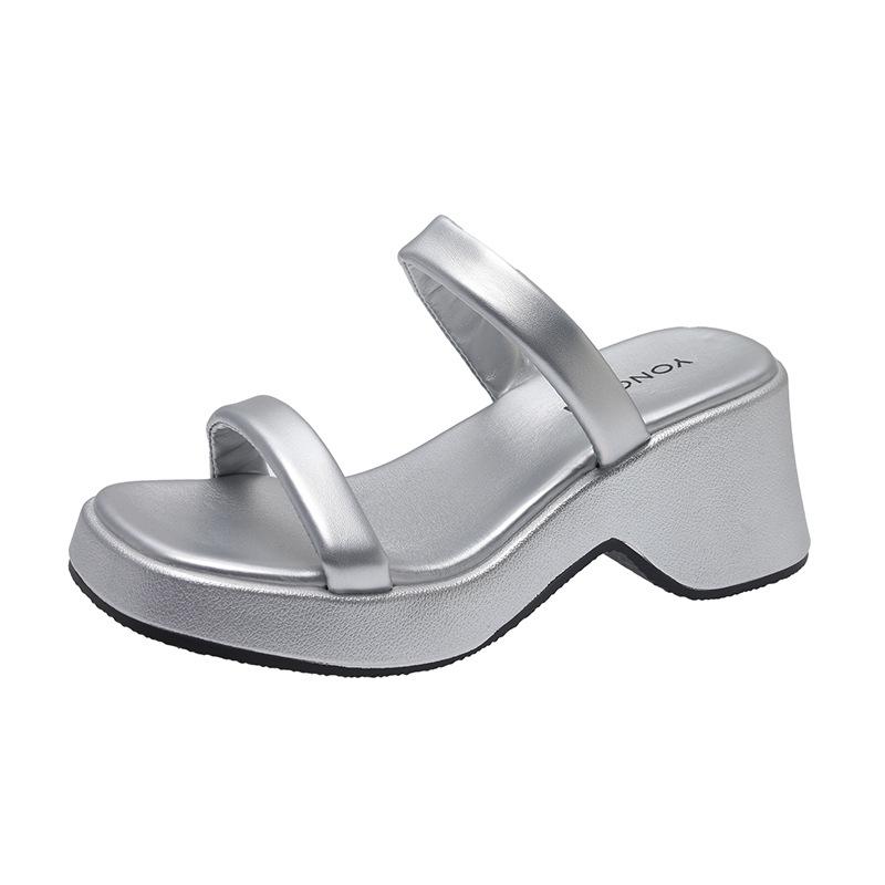 Women's muffin thick-soled heightening sandals women's summer wear high-end black French fairy high-heeled one-word slippers