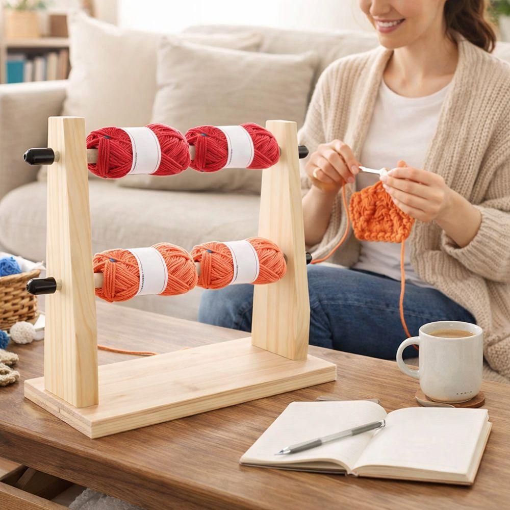 Double Layer Wooden Yarn Holder Vertical Rotating Detachable Frame Wool Storage Rack Manual Handmade Yarn Spool Organizer