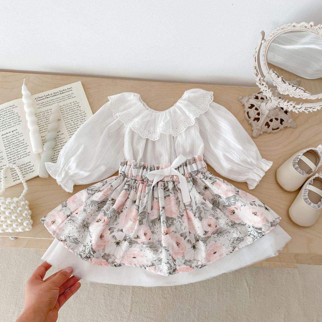 Girls' 2025 Spring Babydoll Top & Floral Skirt Set - Fresh Two-Piece Children's Dress