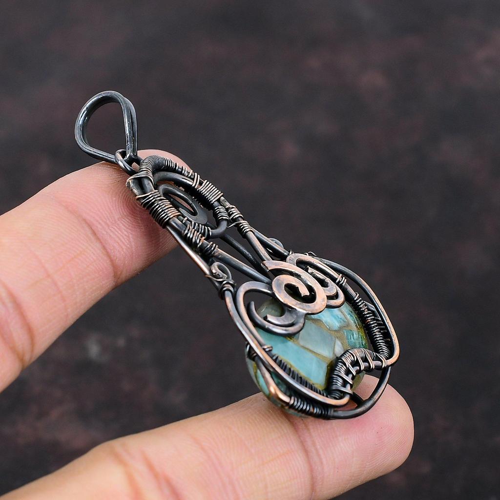 Copper Amazonite Pendant Copper Wire Wrapped Pendant Natural Gemstone Pendant Copper Jewelry Handmade Pendant Wire Wrap Jewelry Gift For Him