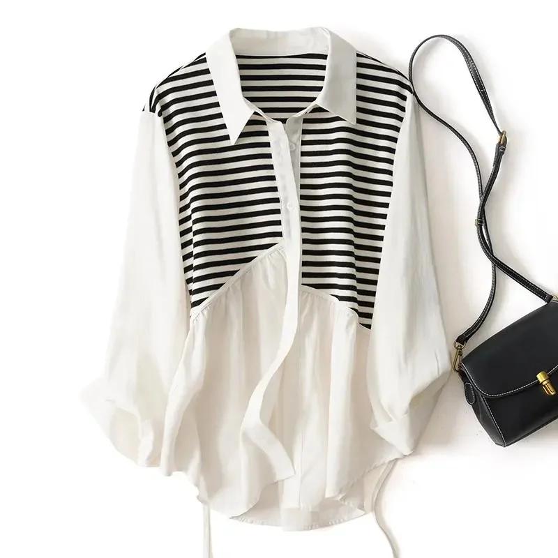 Spring And Summer Single-Breasted Shirt Loose Knitted Stitching Casual Long-Sleeved Shirt Women M белый