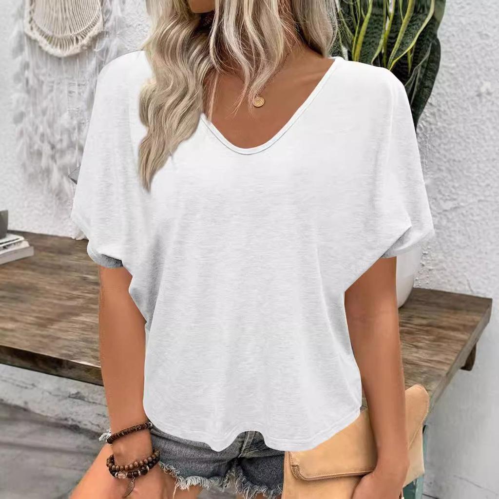 2024 European-American New V-Neck Pleated T-Shirt, Loose Fit, Short Sleeves In Candy Colors.