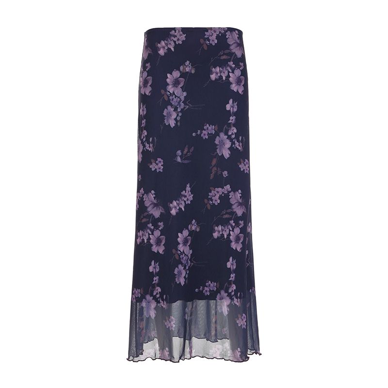 

H s European and American Women s Clothing Purple Charming Plant Florals Print Mesh Skirt Women s Elegant Retro Sexy Dress Purple S
