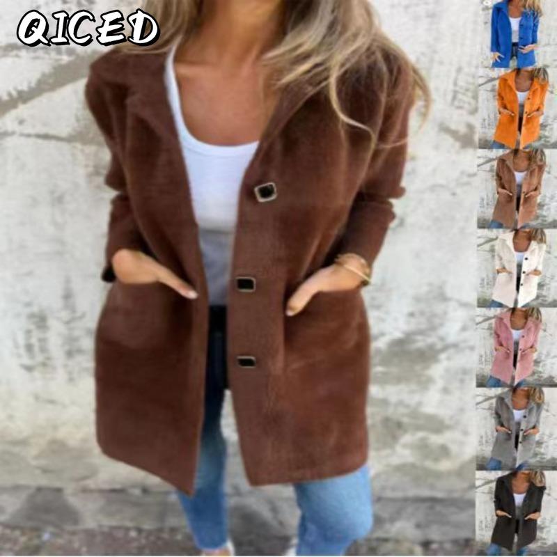 QICED Women's Vintage Casual Solid Color Print Autumn Winter Long Sleeve POLO Neck Jackets & Coats