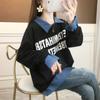 Women's Polo Collar Faux Two-piece Sweatshirt Denim Spliced Letter Print Oversized Loose Pullover Top 2026 Autumn Casual Student Sweatshirt Wholesale