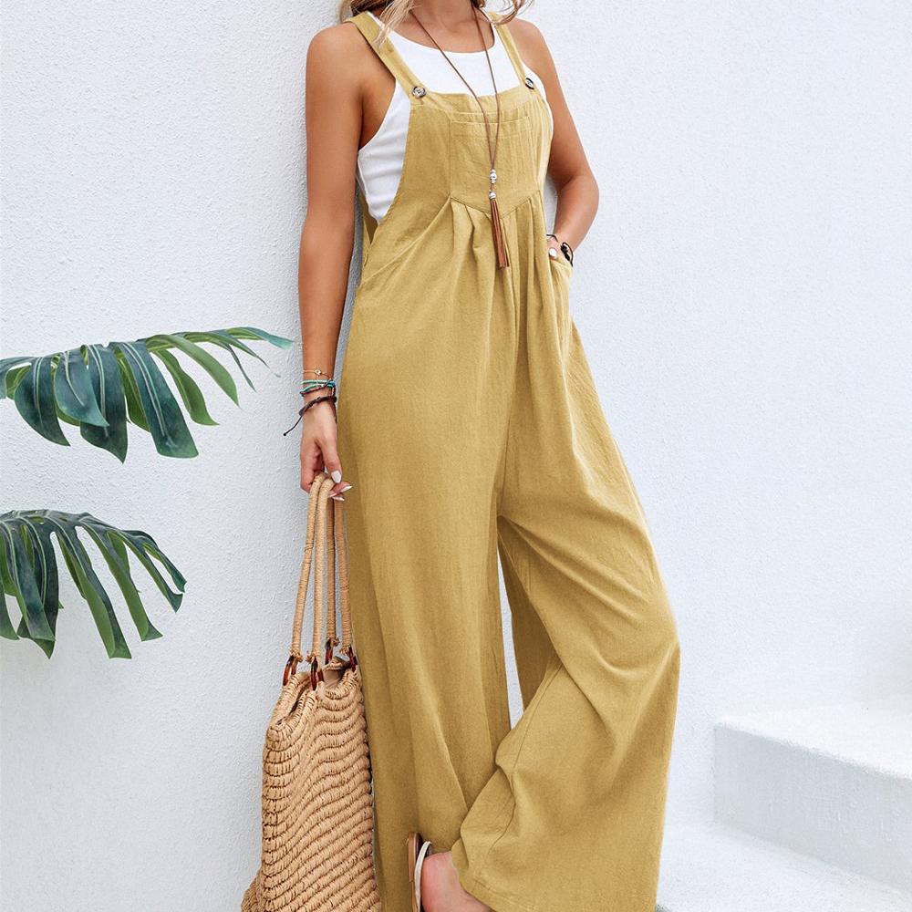 Sommer Dame Lang Jumpsuit Ensfarget Casual Løs Tynn Størrelse Ermeløs Stropper Vidt Bein Dame Seleskjørt Løs Jumpsuit